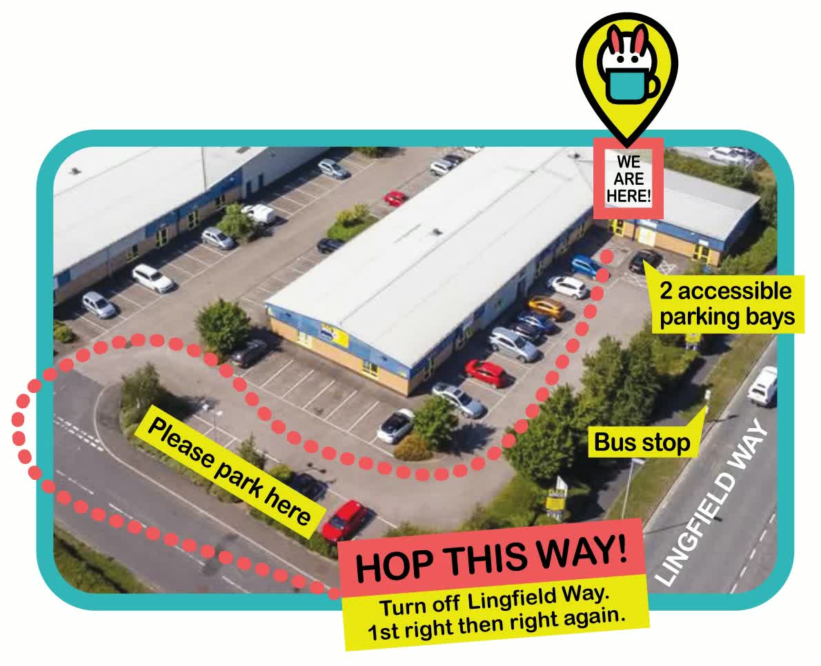 Aerial photograph of Evans Business Centre. Turn off Lingfield Way, take the first right and then right again, park in the car park, and the studio is the unit at the far end. Two accessible bays sit beside the unit, and there is a bus stop on Lingfield Way.